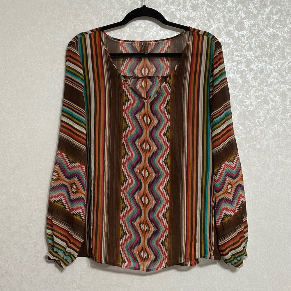 Stetson Southwestern Geometric Stripe Print Blouse Western Boho Brown Red Aqua S